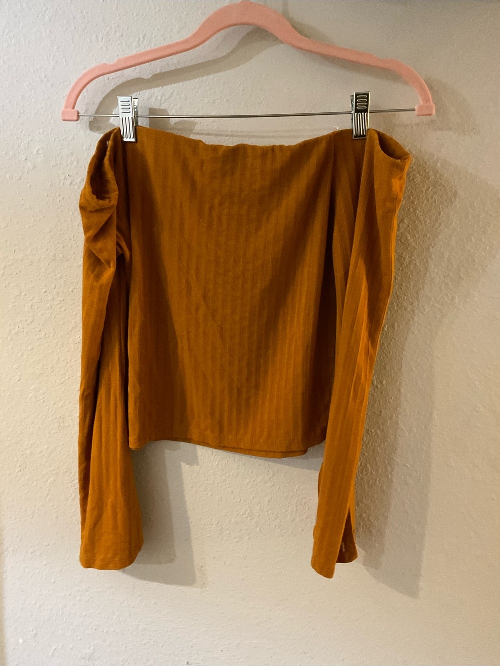 Mind Code Mustard Ribbed Off-Shoulder Crop Top - Picture 3 of 5
